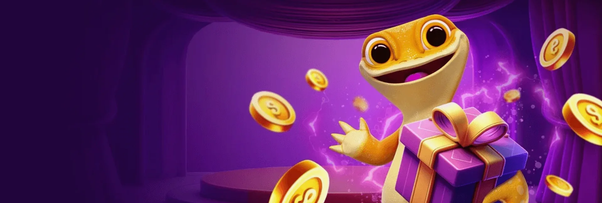 Smiling gecko holding a gift box on a purple casino stage with gold coins — Crown Zoome